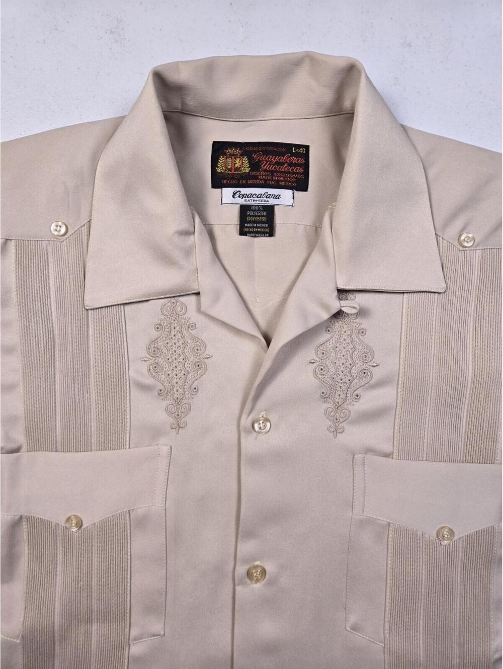 Guayabera Yucateca Copacabana - Beige Pleated Satin 4 Pocket Button Up - Mens L